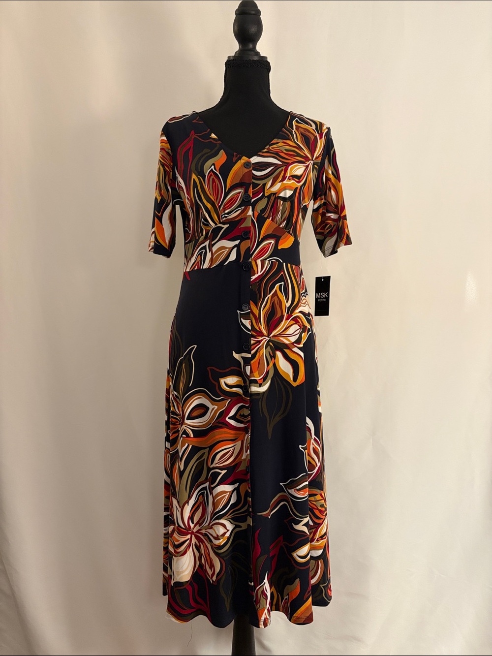 NWT MSK Navy Floral V-Neck Midi Dress with Orange and Red Accents